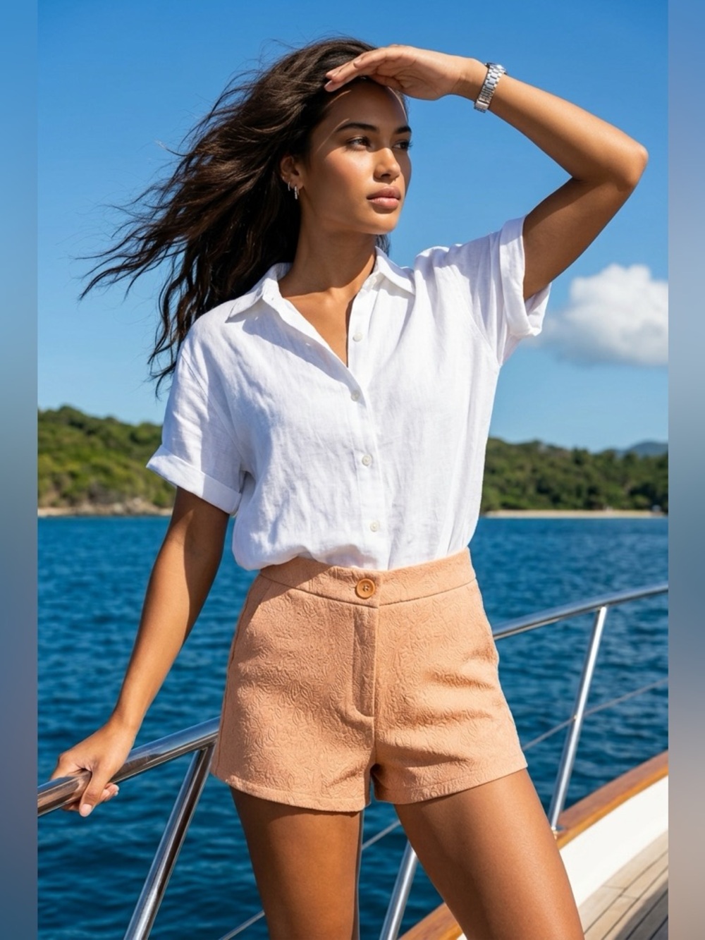 verty Peach Textured High-Rise Shorts